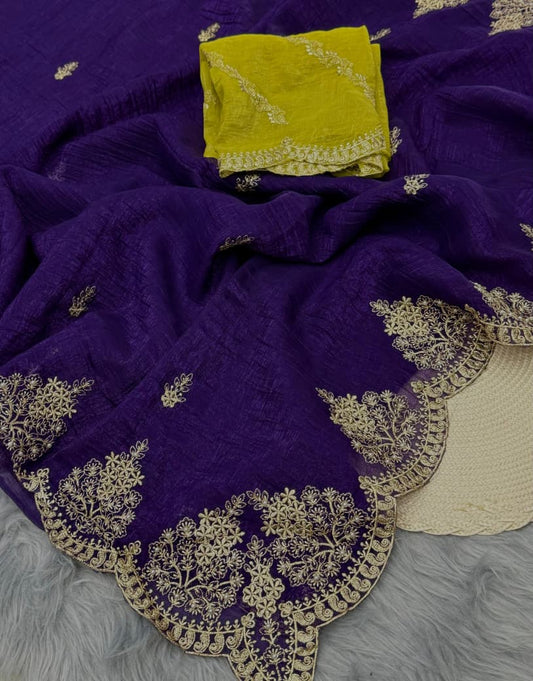 NN-2062 CRUNCHY silk with beautiful embroidery C-pallu & moti work scalloped cut work border with contrast work blouse