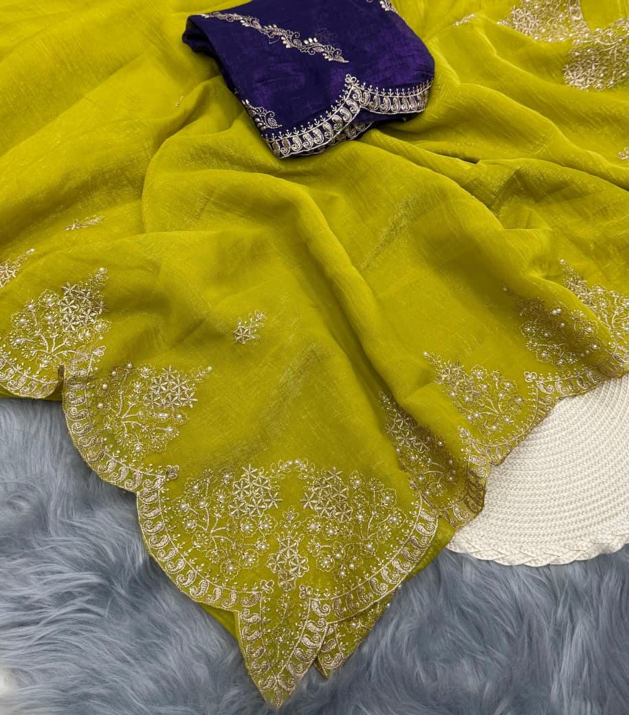 NN-2062 CRUNCHY silk with beautiful embroidery C-pallu & moti work scalloped cut work border with contrast work blouse