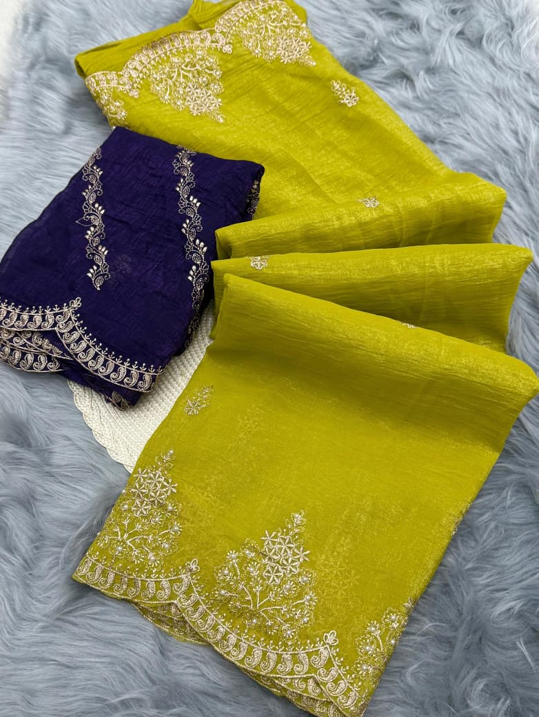 NN-2062 CRUNCHY silk with beautiful embroidery C-pallu & moti work scalloped cut work border with contrast work blouse