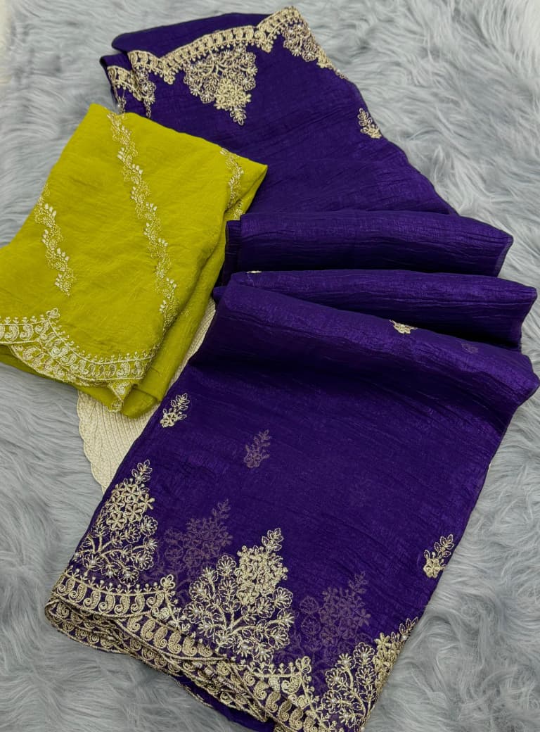 NN-2062 CRUNCHY silk with beautiful embroidery C-pallu & moti work scalloped cut work border with contrast work blouse