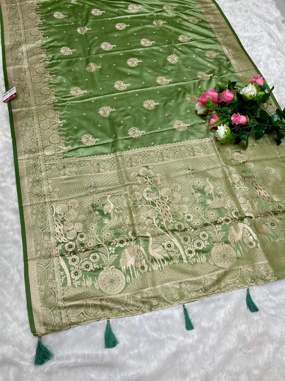 AJ-JAL KUND SATIN SILK SAREE WITH DUSTY MATCHING WITH RICH PALLU DESIGN WITH SWAN PATLI DESIGN WITH BUTTI BLOUSE