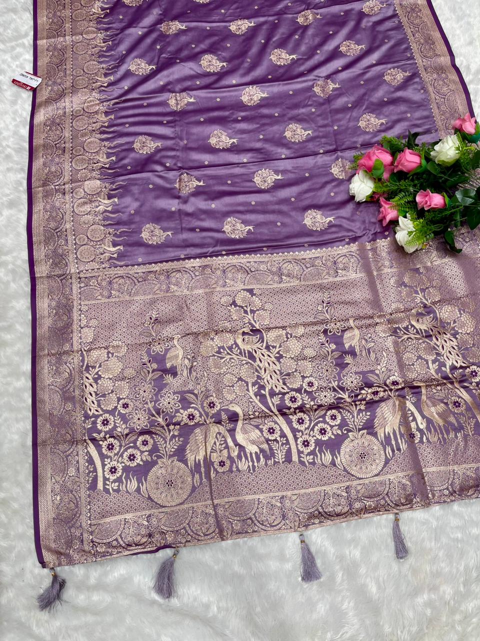 AJ-JAL KUND SATIN SILK SAREE WITH DUSTY MATCHING WITH RICH PALLU DESIGN WITH SWAN PATLI DESIGN WITH BUTTI BLOUSE