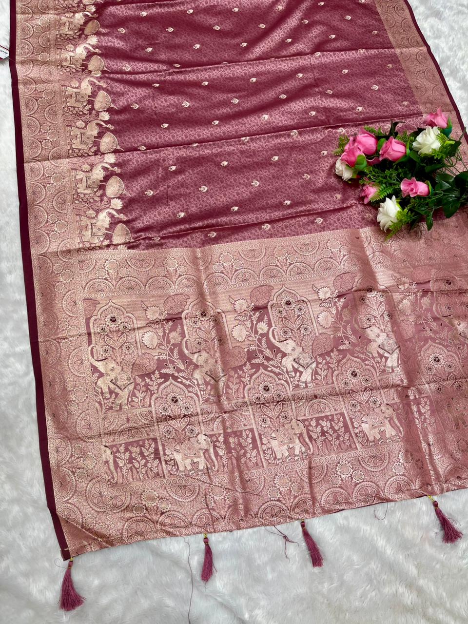 AJ-JHARNA SATIN SILK SAREE WITH DUSTY MATCHING WITH RICH PALLU DESIGN WITH GAJRAJ PATLI DESIGN WITH BUTTI BLOUSE