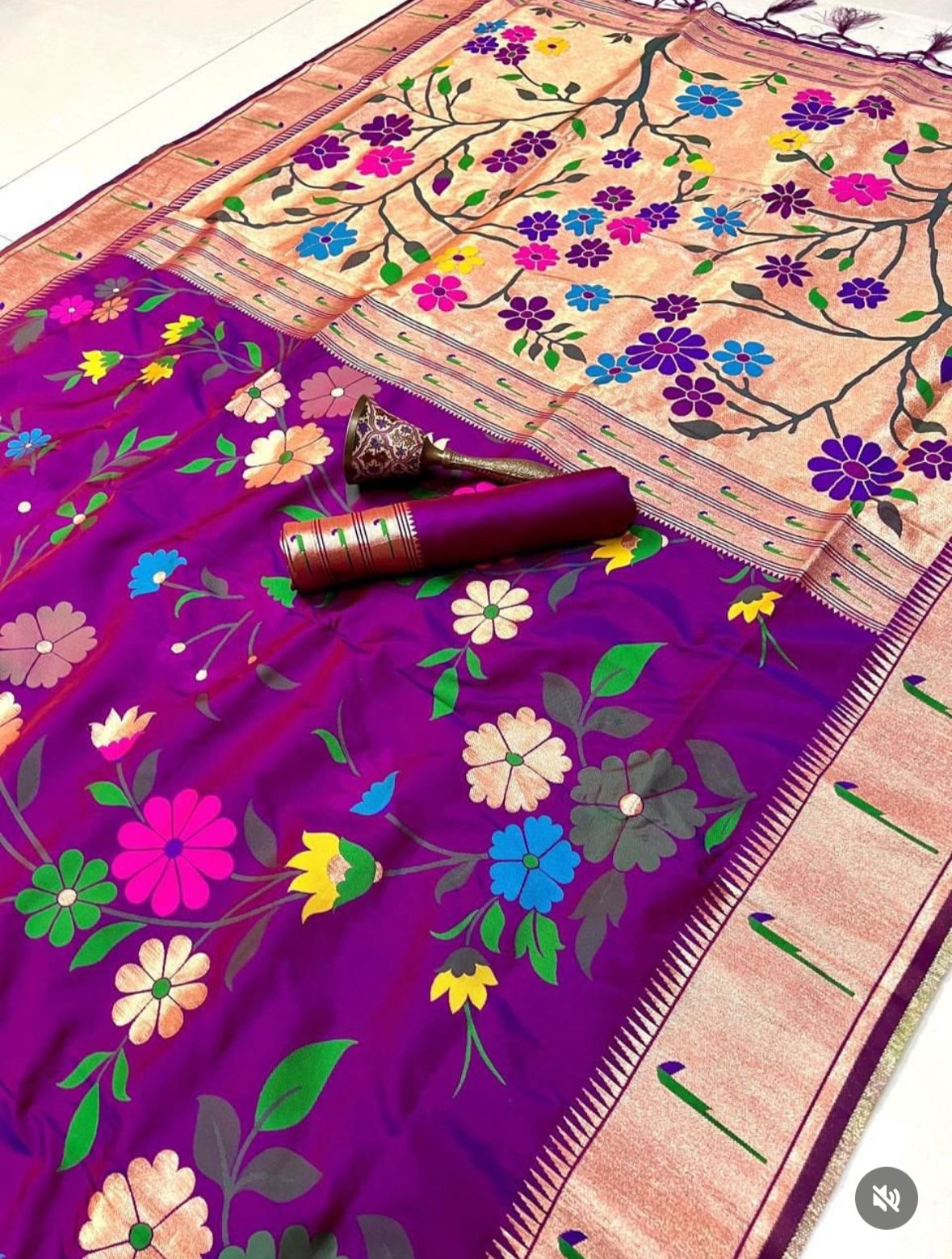 AJ-MANDAKINI SOFT SILK 50/600 WITH RICH PALLU AND PAITHANI BORDER WITH MULTI FLOWER DESIGN VIRAL ONLINE DESIGN