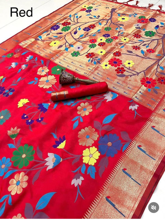 AJ-MANDAKINI SOFT SILK 50/600 WITH RICH PALLU AND PAITHANI BORDER WITH MULTI FLOWER DESIGN VIRAL ONLINE DESIGN