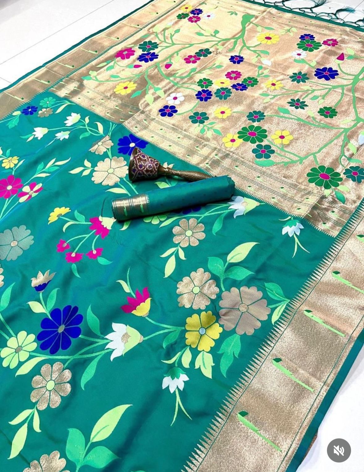 AJ-MANDAKINI SOFT SILK 50/600 WITH RICH PALLU AND PAITHANI BORDER WITH MULTI FLOWER DESIGN VIRAL ONLINE DESIGN