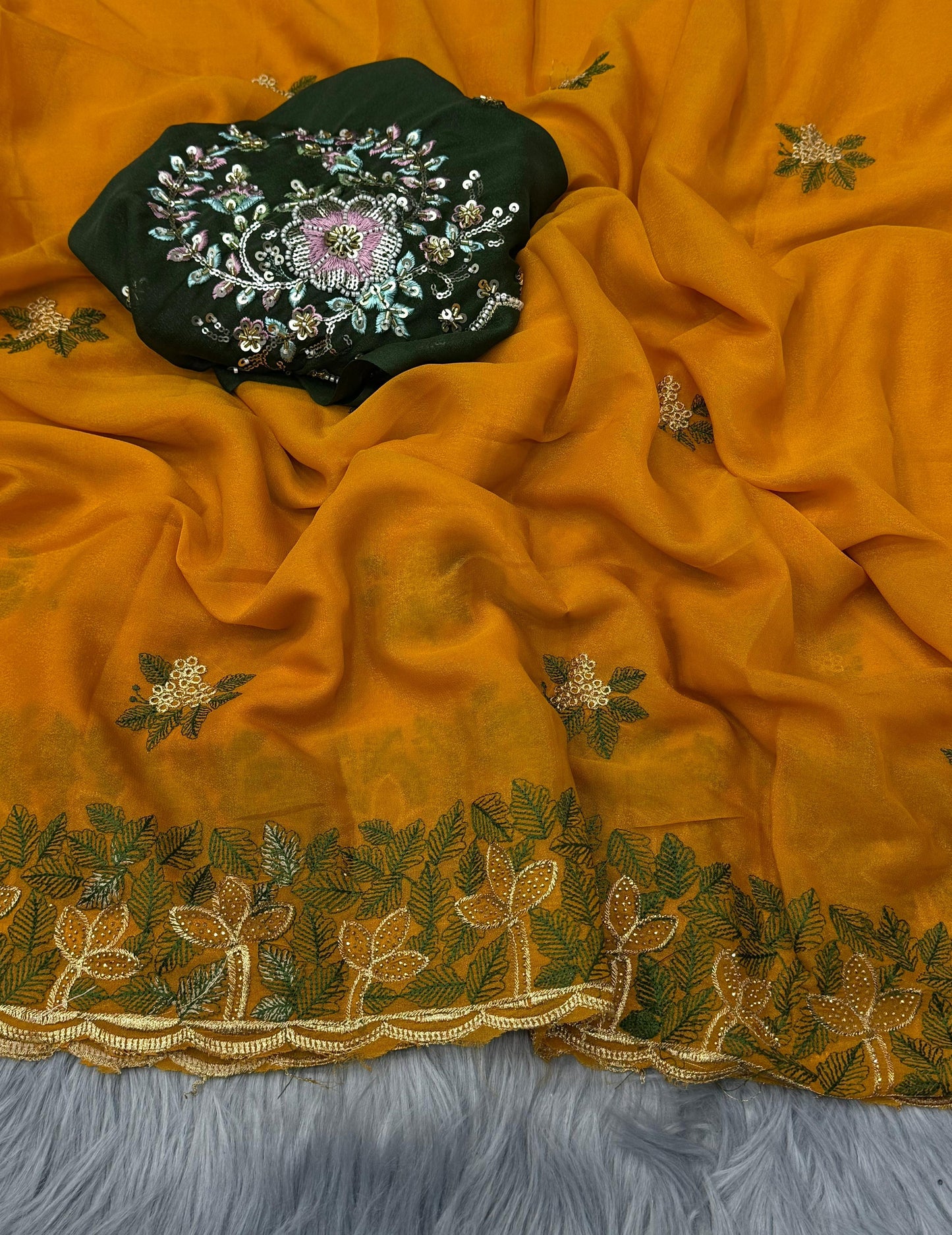 NN-2076 Star georgett fabric with c-pallu work with siroski work on it with Star Georgett fabric with contrast orignal handwork blouse