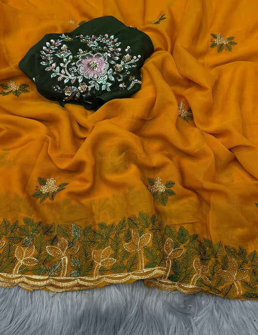 NN-2076 Star georgett fabric with c-pallu work with siroski work on it with Star Georgett fabric with contrast orignal handwork blouse