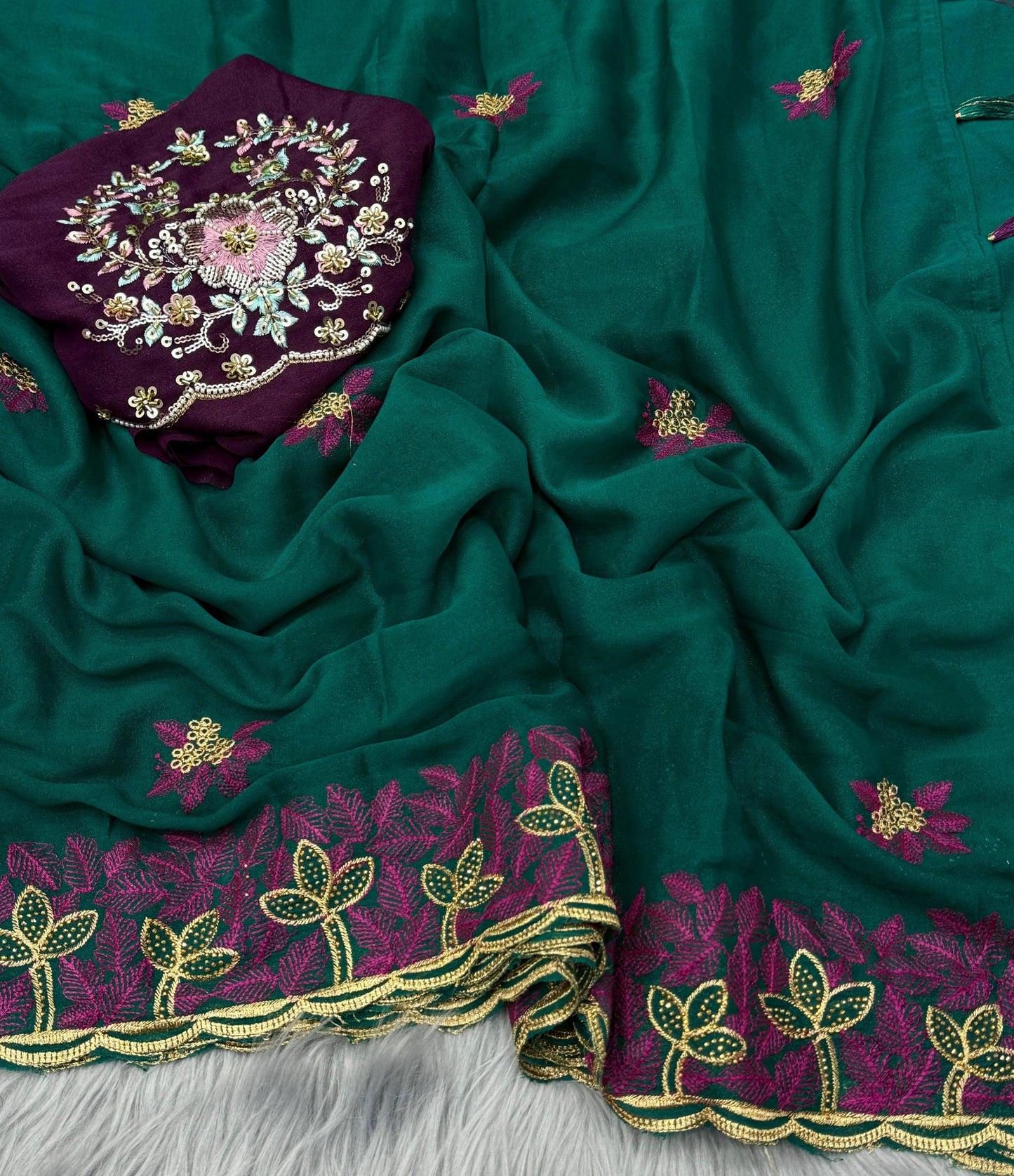 NN-2076 Star georgett fabric with c-pallu work with siroski work on it with Star Georgett fabric with contrast orignal handwork blouse