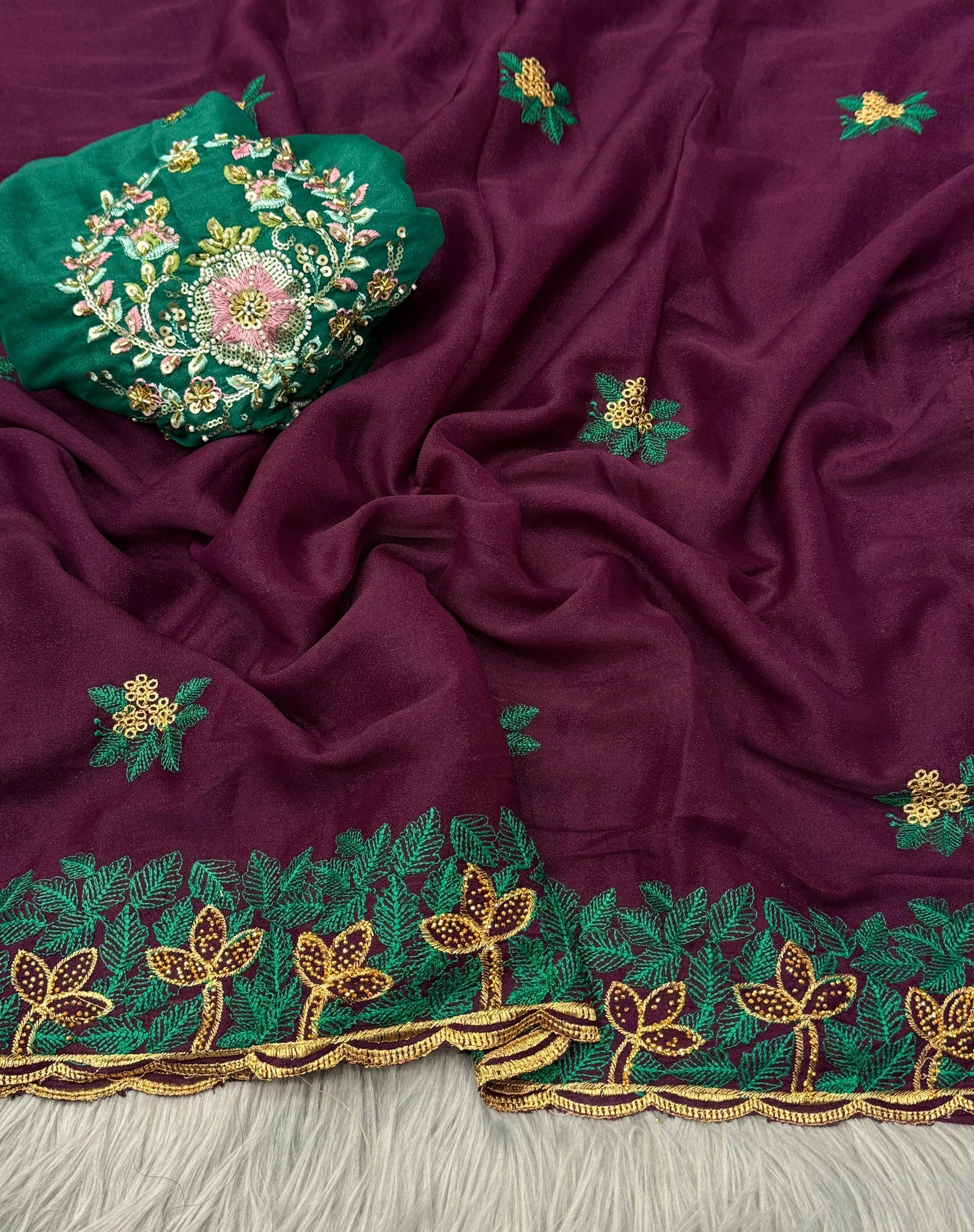 NN-2076 Star georgett fabric with c-pallu work with siroski work on it with Star Georgett fabric with contrast orignal handwork blouse