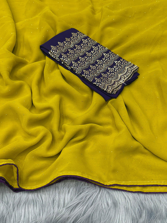 NN-2067  Georgette fabric with siroski allover saree with pipping and tussels on pallu with contrast heavy beads handwork blouse