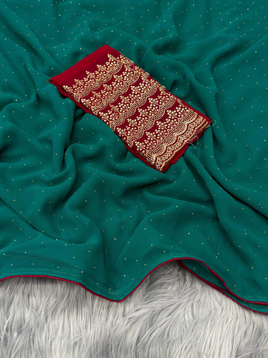 NN-2067  Georgette fabric with siroski allover saree with pipping and tussels on pallu with contrast heavy beads handwork blouse