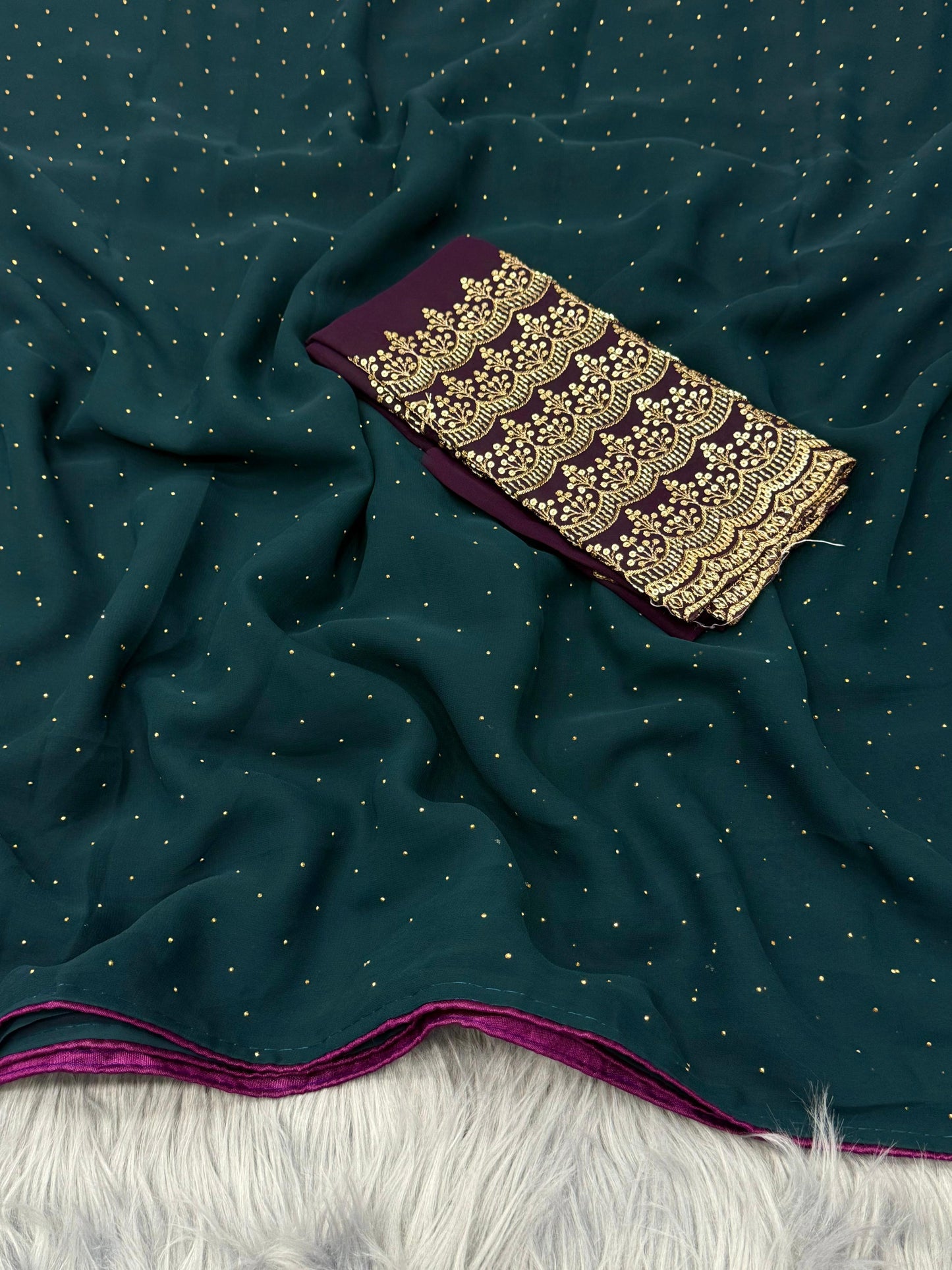 NN-2067  Georgette fabric with siroski allover saree with pipping and tussels on pallu with contrast heavy beads handwork blouse