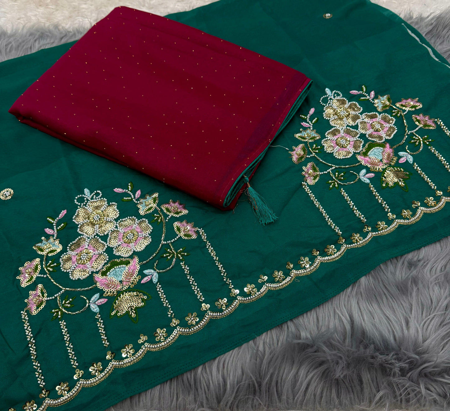 NN-2068 Star chiffon fabric with chatni work with beautiful pipping allover saree with latkan on it with contrast heavy handwork blouse