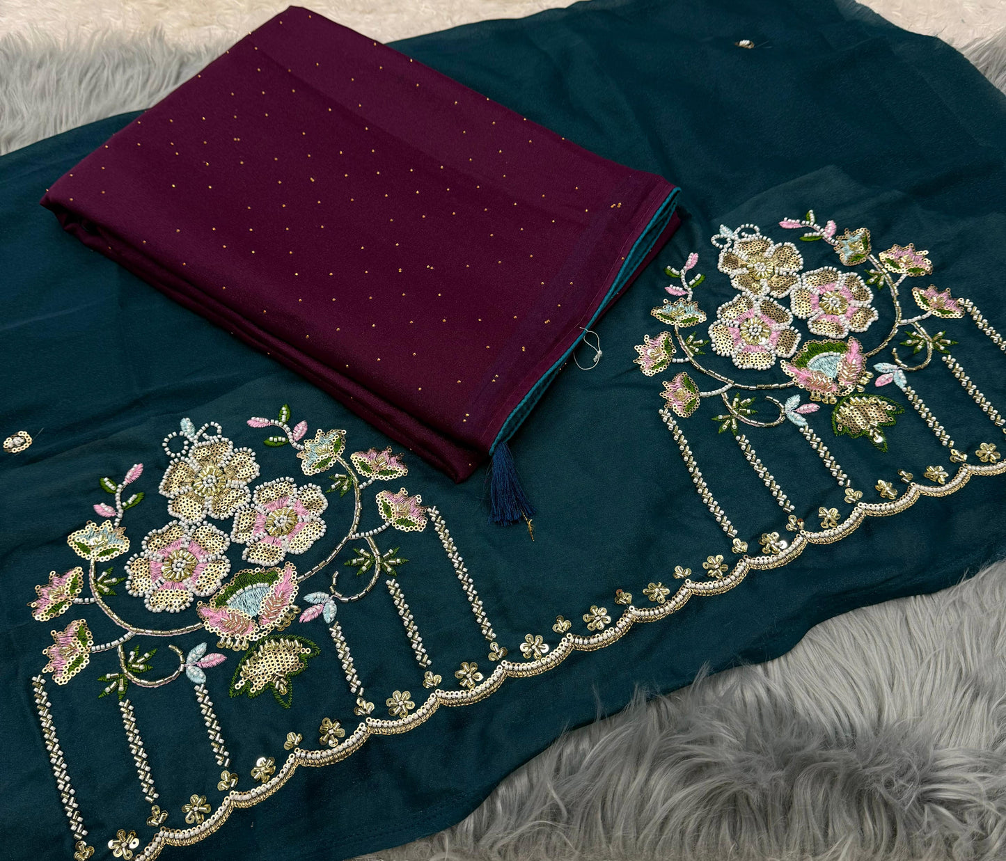 NN-2068 Star chiffon fabric with chatni work with beautiful pipping allover saree with latkan on it with contrast heavy handwork blouse