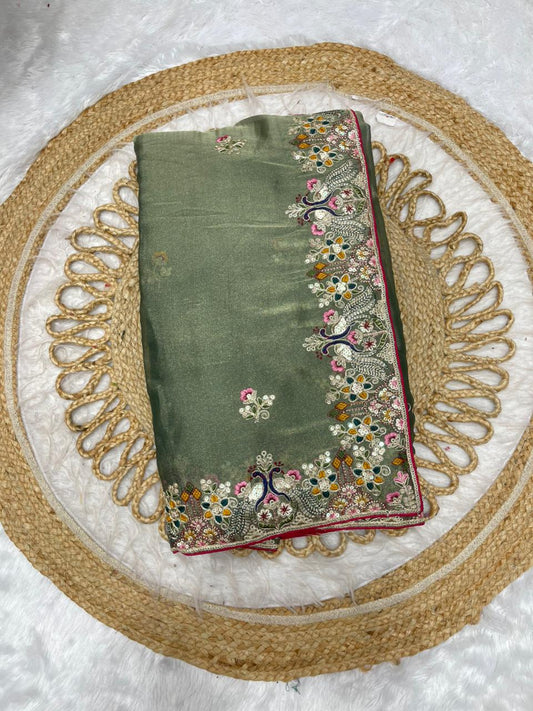 BS-BOOSTER NC MOSS SAREE WITH HEAVY EMBROIDERY WITH PEACOCK SEQUENCE AND THREAD WORK HEAVY WORK