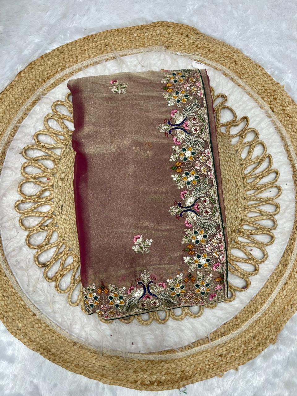 BS-BOOSTER NC MOSS SAREE WITH HEAVY EMBROIDERY WITH PEACOCK SEQUENCE AND THREAD WORK HEAVY WORK