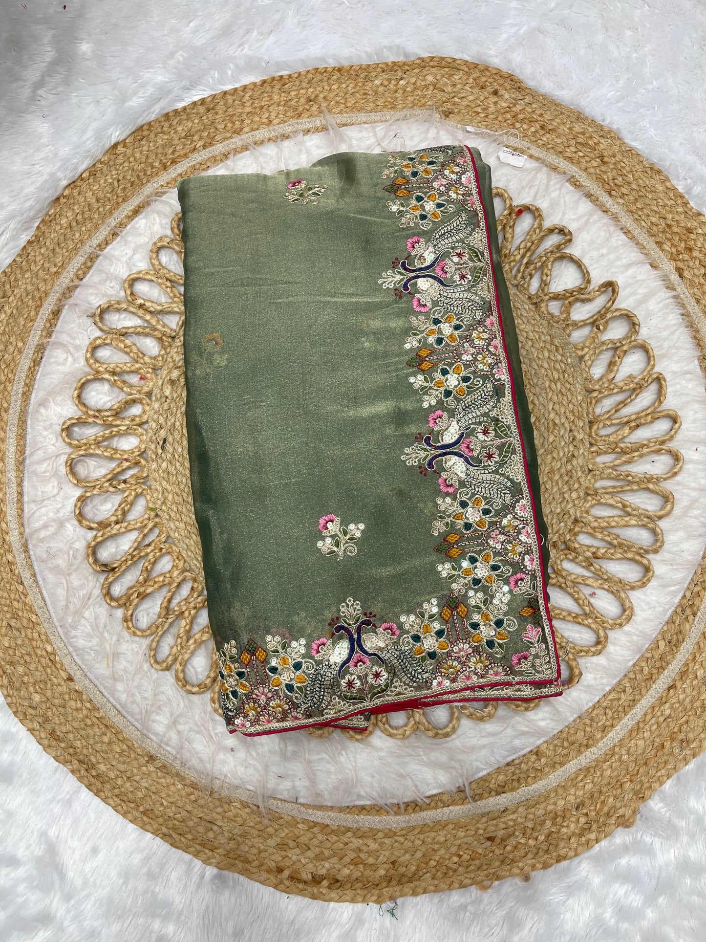 BS-BOOSTER NC MOSS SAREE ADDITIONALLY WITH THREAD WORK AND EMBROIDERY WORK WITH SEQUENCE WORK BEAUTIFUL PEACOCK DESIGN