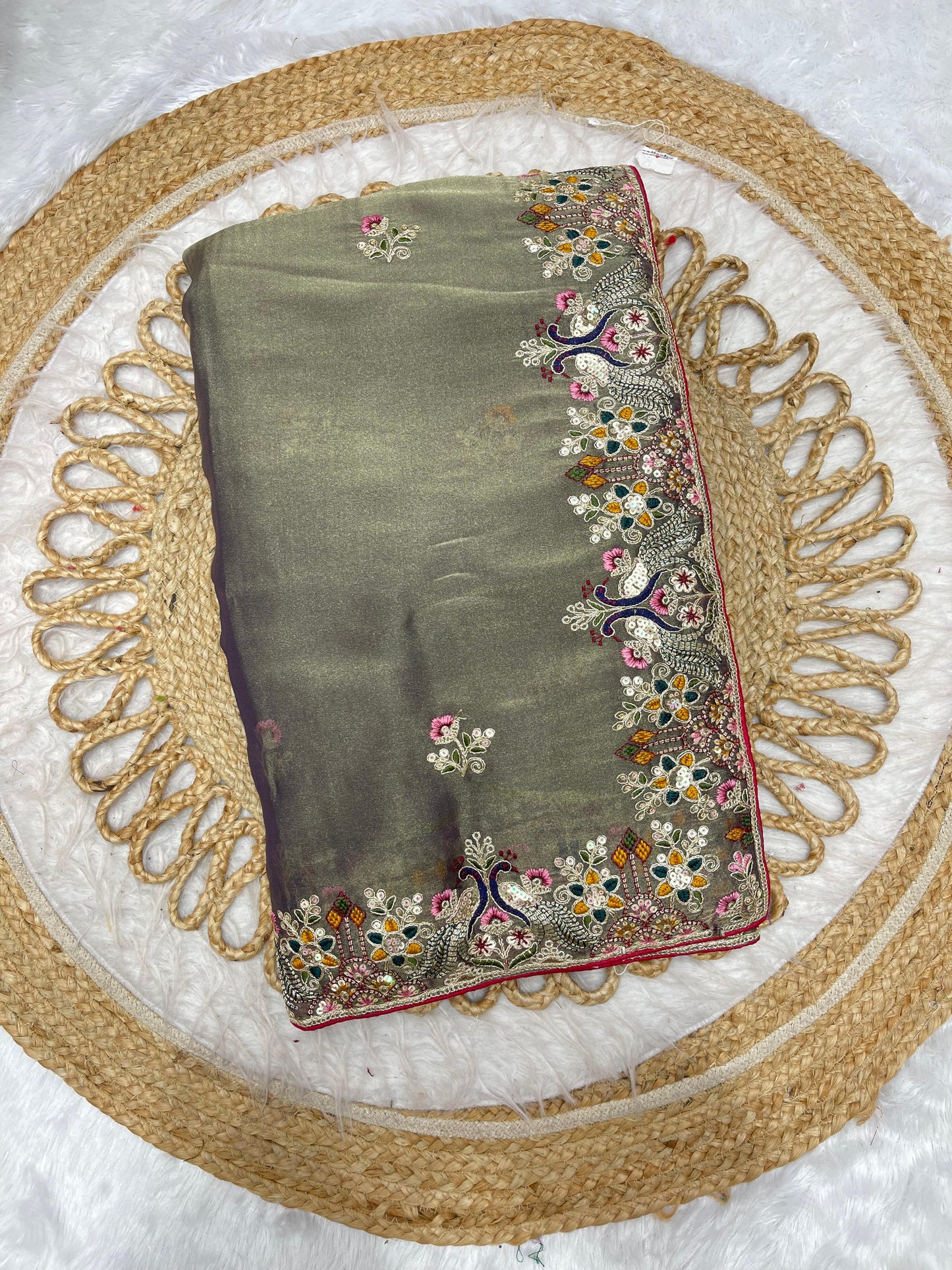 BS-BOOSTER NC MOSS SAREE ADDITIONALLY WITH THREAD WORK AND EMBROIDERY WORK WITH SEQUENCE WORK BEAUTIFUL PEACOCK DESIGN