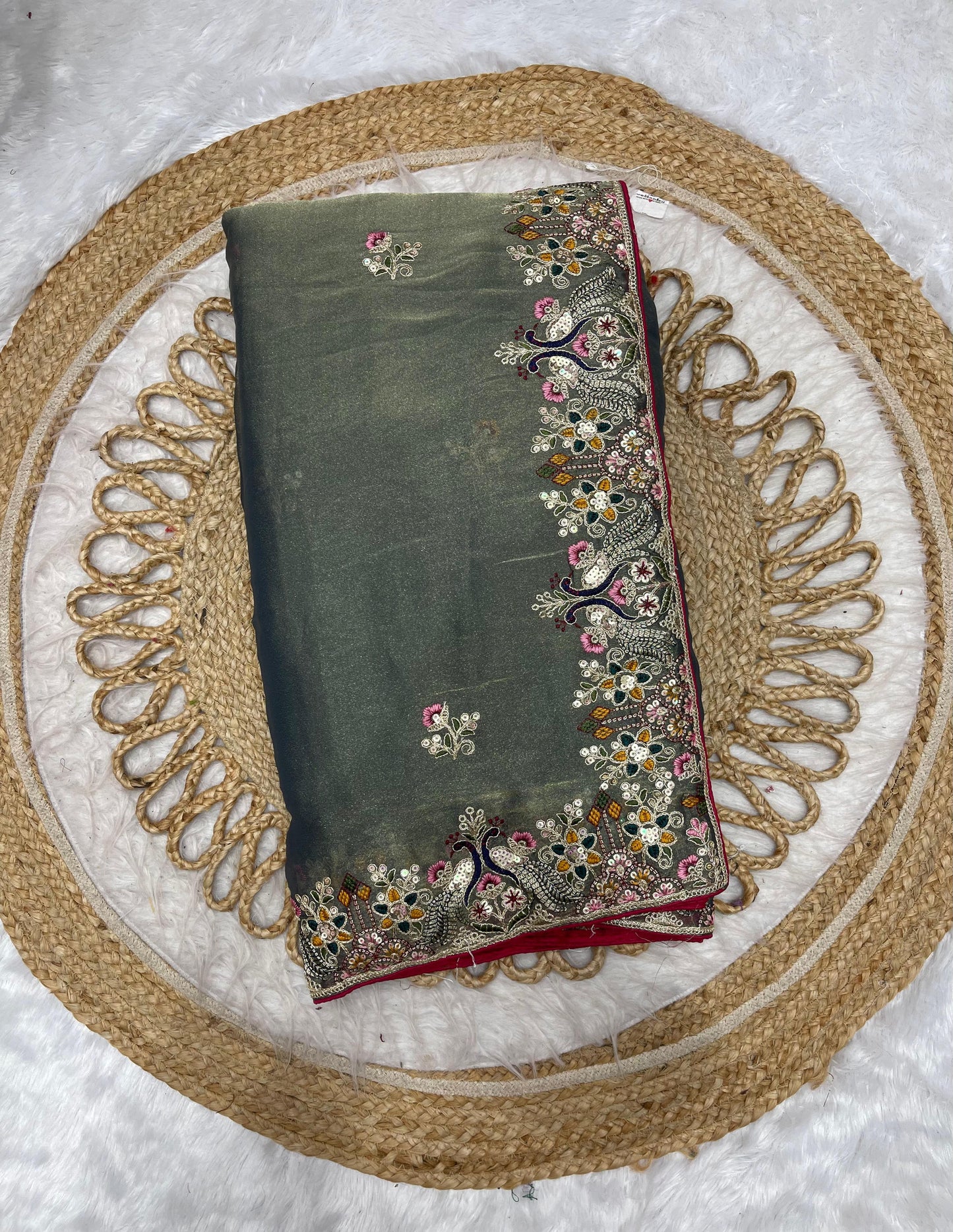 BS-BOOSTER NC MOSS SAREE ADDITIONALLY WITH THREAD WORK AND EMBROIDERY WORK WITH SEQUENCE WORK BEAUTIFUL PEACOCK DESIGN