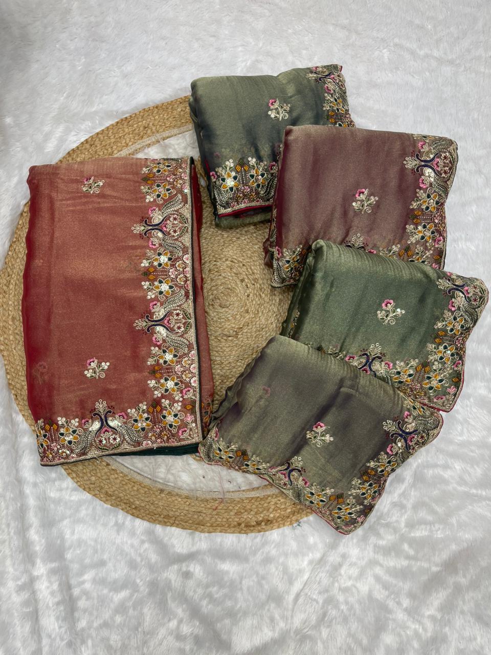 BS-BOOSTER NC MOSS SAREE WITH HEAVY EMBROIDERY WITH PEACOCK SEQUENCE AND THREAD WORK HEAVY WORK