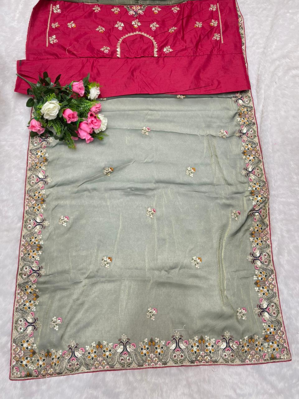 BS-BOOSTER NC MOSS SAREE WITH HEAVY EMBROIDERY WITH PEACOCK SEQUENCE AND THREAD WORK HEAVY WORK