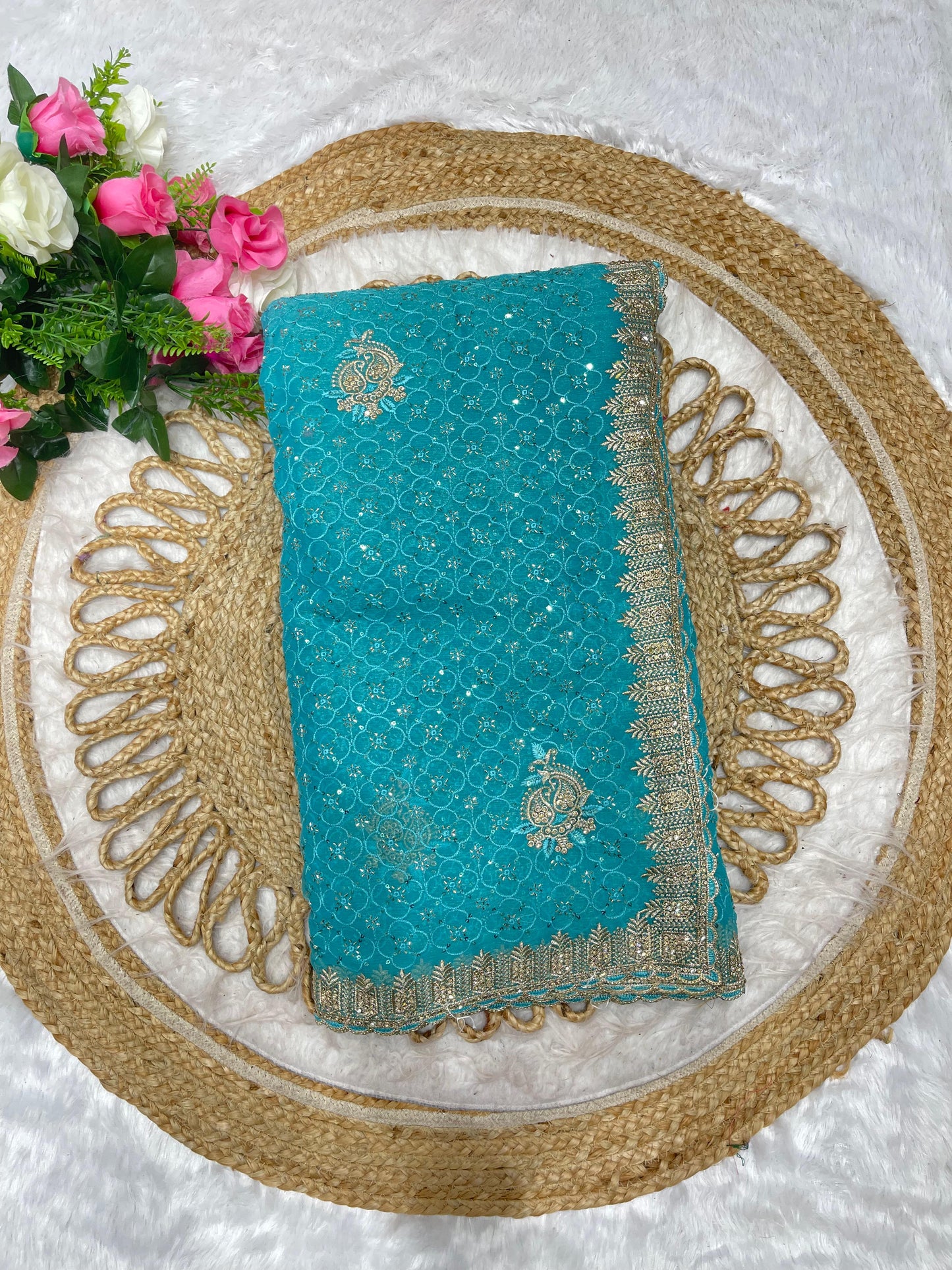 BS-RAJSHREE-2 FENDI SAREE WITH SUPER HEAVY EMBORIDERY WORK WITH BOX THREAD WORK ON BODY WITH SEQUENCE WORK