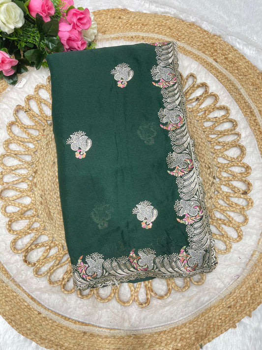 BS-LOKPAL STAR GEORGETTE SAREE WITH BRIGHT MATCHING WITH SILVER EMBORIDERY WORK WITH THREAD AND SIROSKI WORK