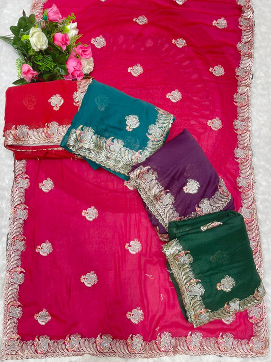 BS-LOKPAL STAR GEORGETTE SAREE WITH BRIGHT MATCHING WITH SILVER EMBORIDERY WORK WITH THREAD AND SIROSKI WORK