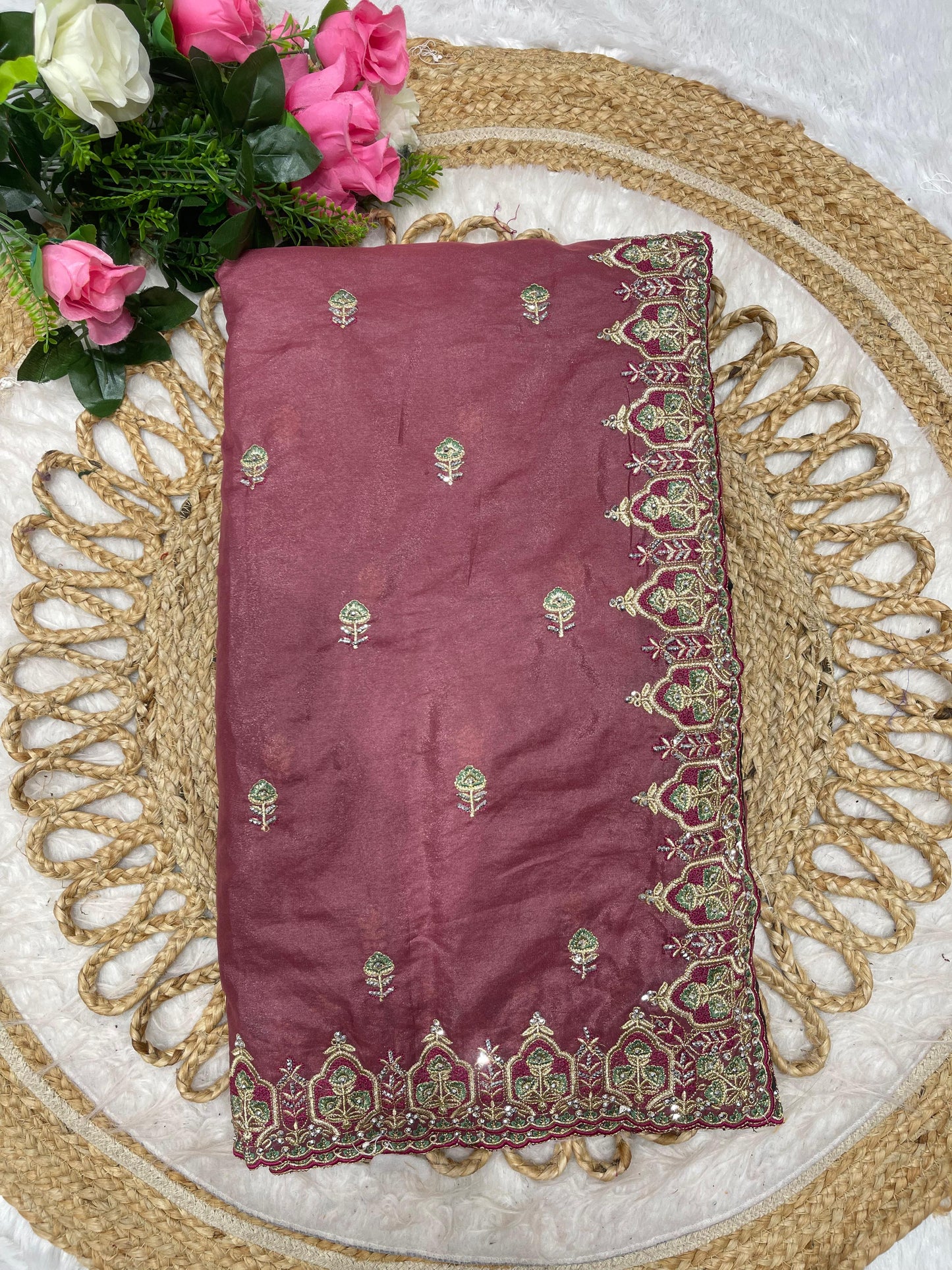 BS-JEEVAN SATHI CHOCLATE SAREE WITH SUPER HEAVY EMBORIDERY WORK WITH THREAD WORK  WITH JARKAN WORKCHOCALTE