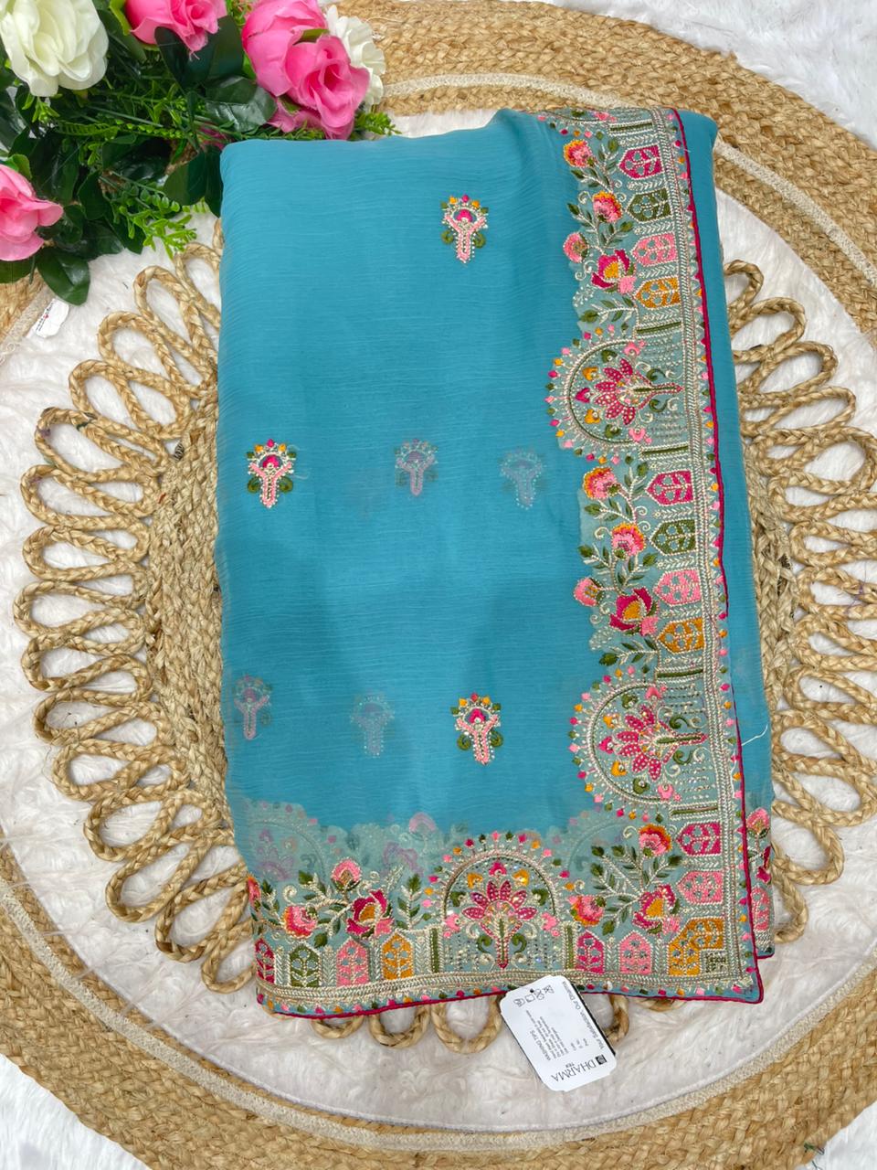 BS-MANIPAL Vari Chiffon saree multi thread work with contrast piping work beautiful look pesatal matching