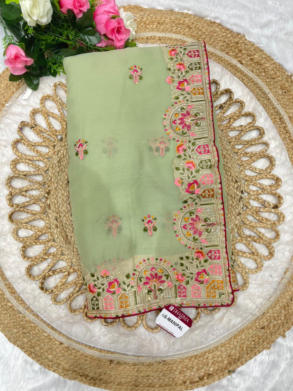 BS-MANIPAL Vari Chiffon saree multi thread work with contrast piping work beautiful look pesatal matching