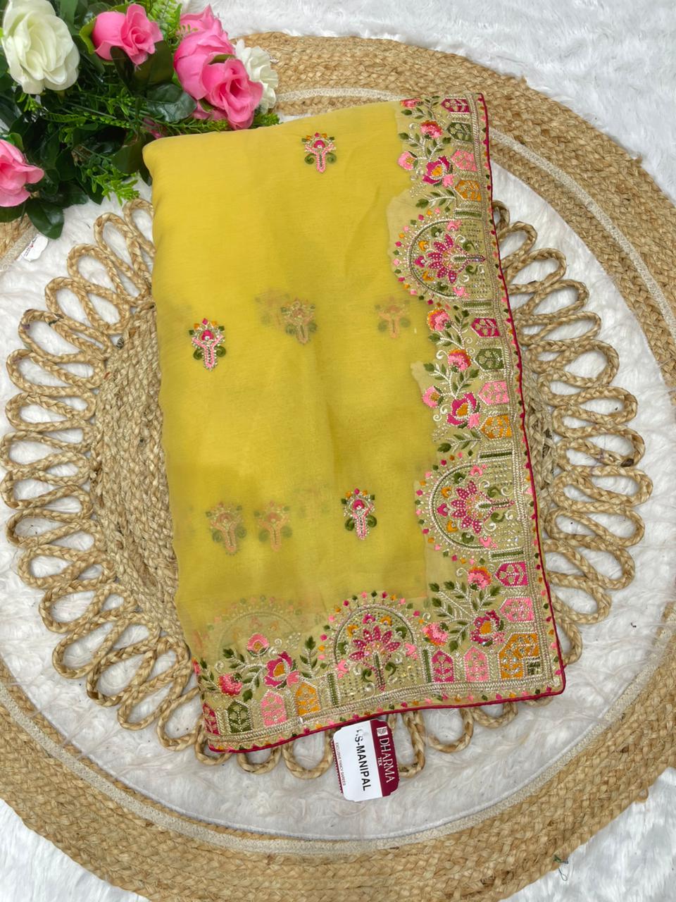 BS-MANIPAL Vari Chiffon saree multi thread work with contrast piping work beautiful look pesatal matching