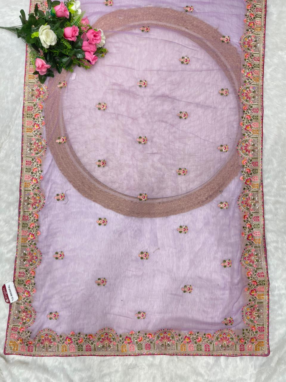 BS-MANIPAL Vari Chiffon saree multi thread work with contrast piping work beautiful look pesatal matching