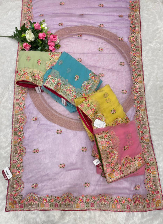 BS-MANIPAL Vari Chiffon saree multi thread work with contrast piping work beautiful look pesatal matching