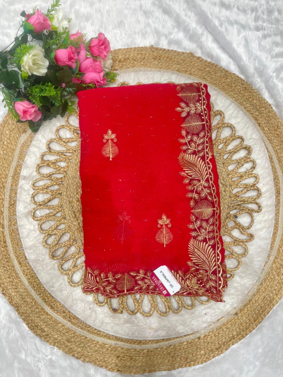 DF-JAPMALA SIMMER SAREE WITH BEAUTIFUL HEAVY EMBORIDERY WORK WITH SIROSKI WORK