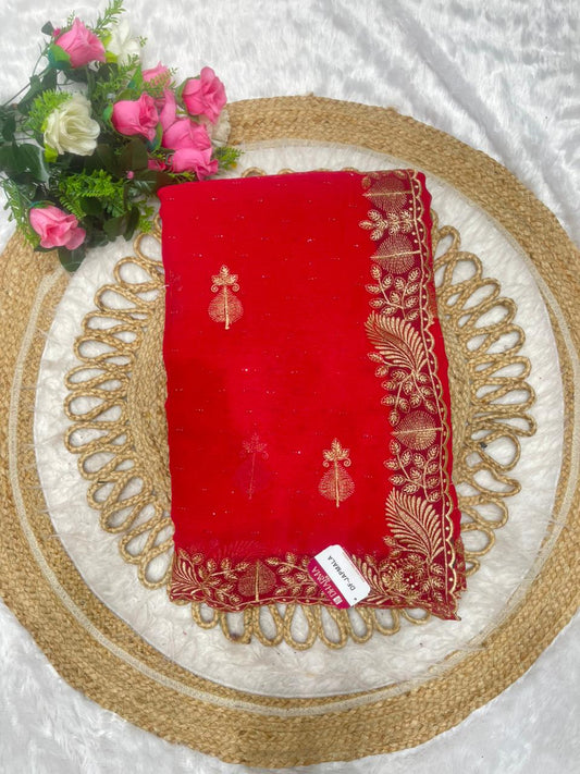 DF-JAPMALA SIMMER SAREE WITH BEAUTIFUL HEAVY EMBORIDERY WORK WITH SIROSKI WORK