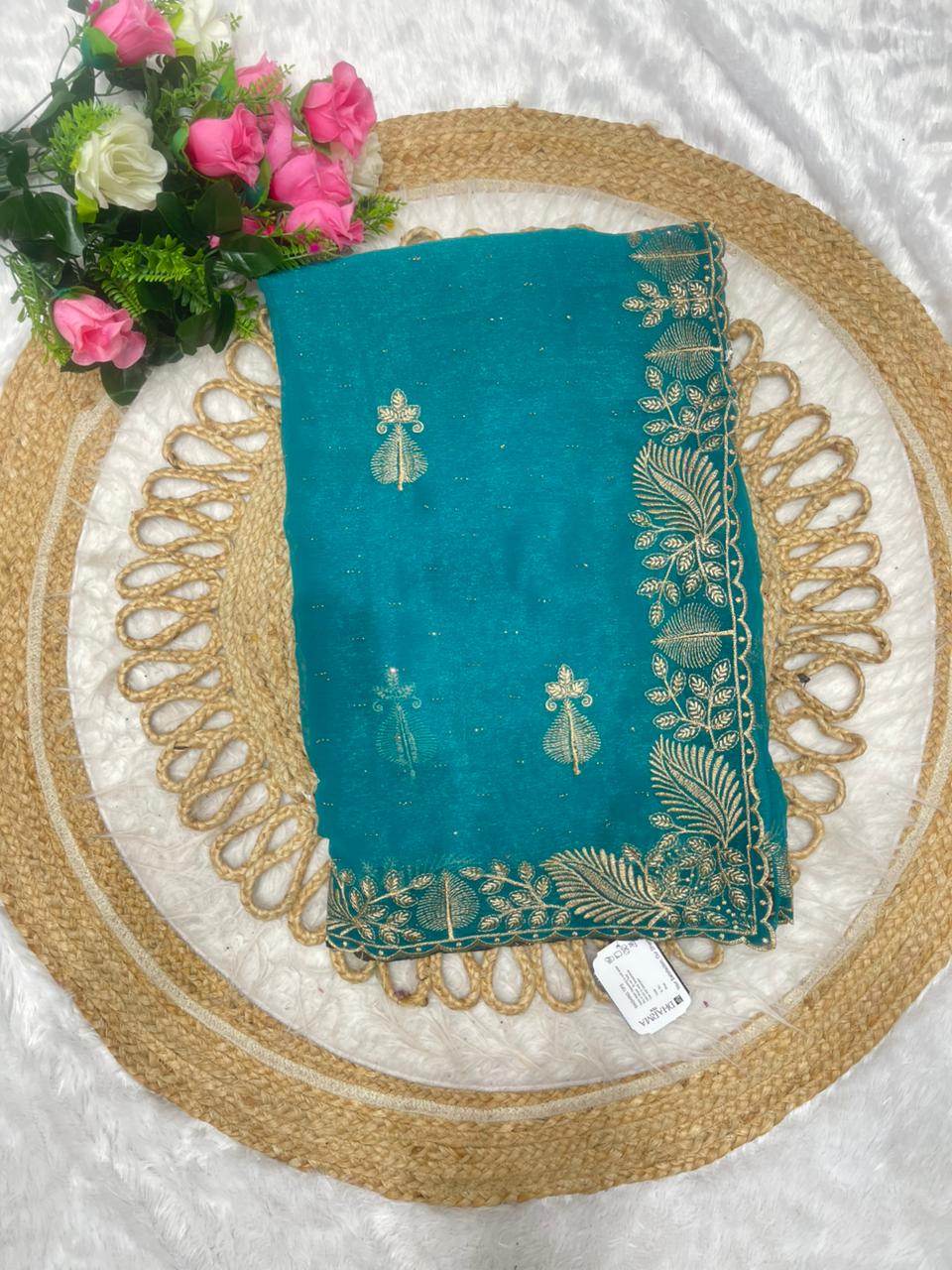 DF-JAPMALA SIMMER SAREE WITH BEAUTIFUL HEAVY EMBORIDERY WORK WITH SIROSKI WORK
