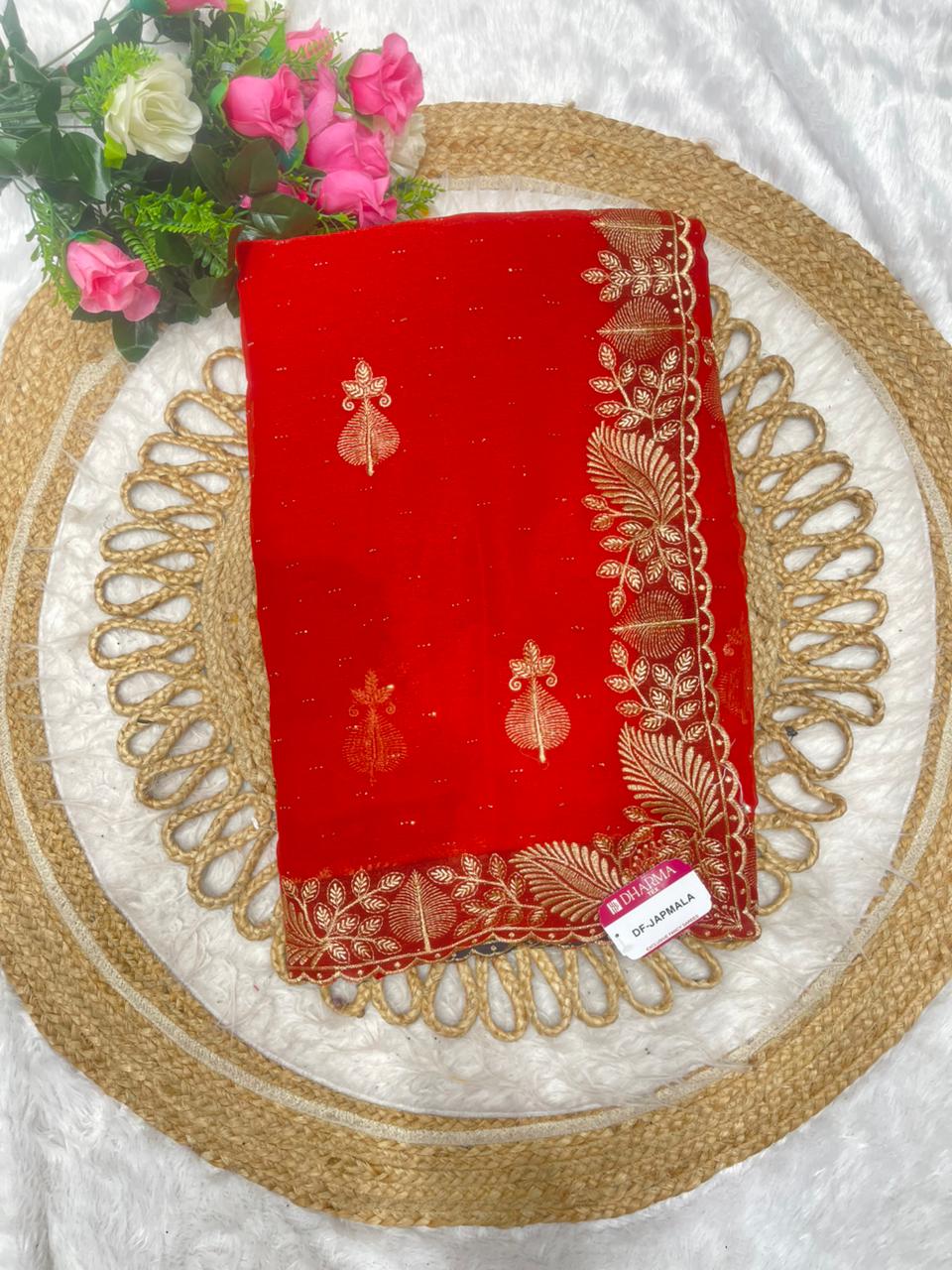 DF-JAPMALA SIMMER SAREE WITH BEAUTIFUL HEAVY EMBORIDERY WORK WITH SIROSKI WORK