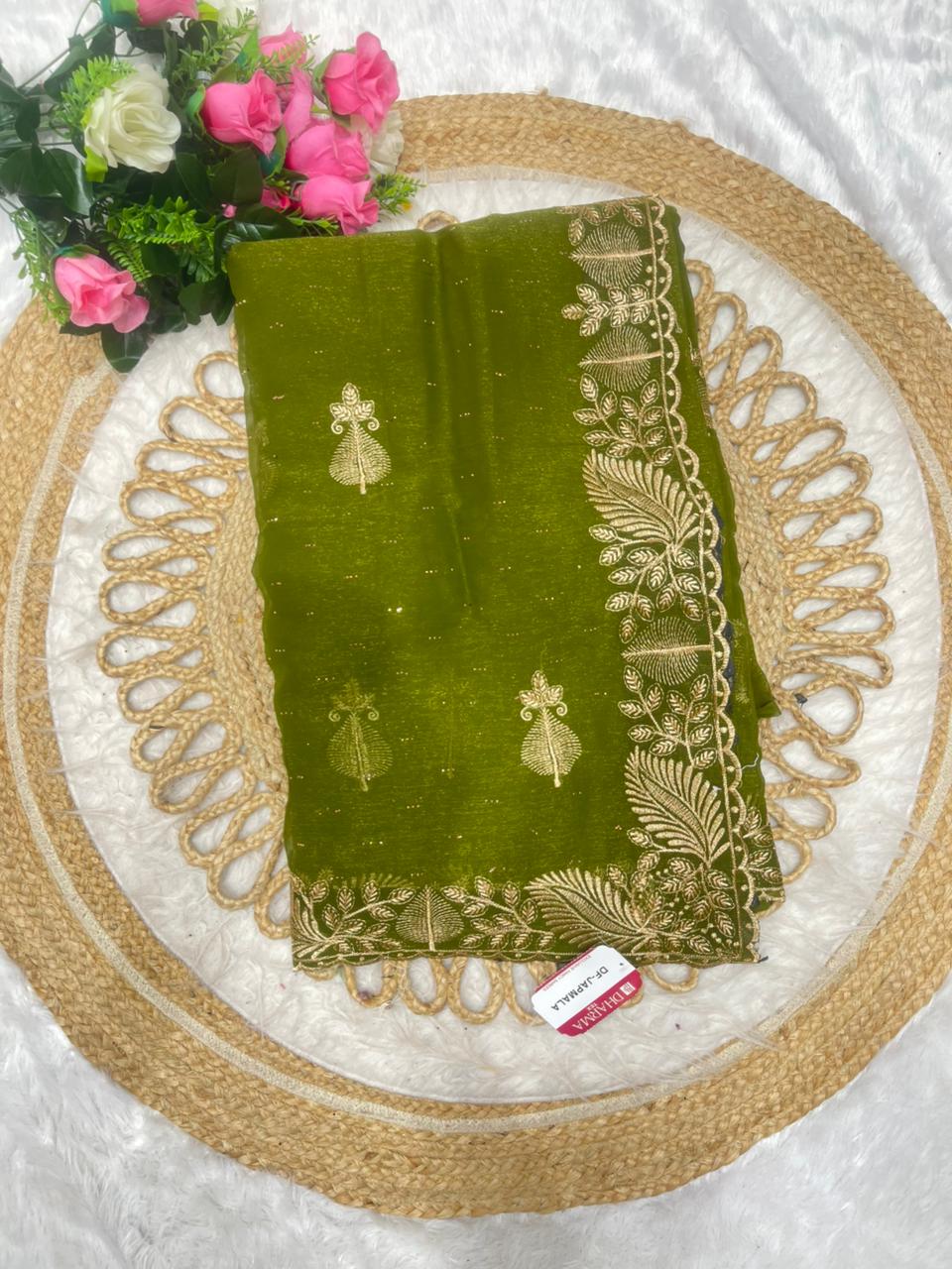 DF-JAPMALA SIMMER SAREE WITH BEAUTIFUL HEAVY EMBORIDERY WORK WITH SIROSKI WORK