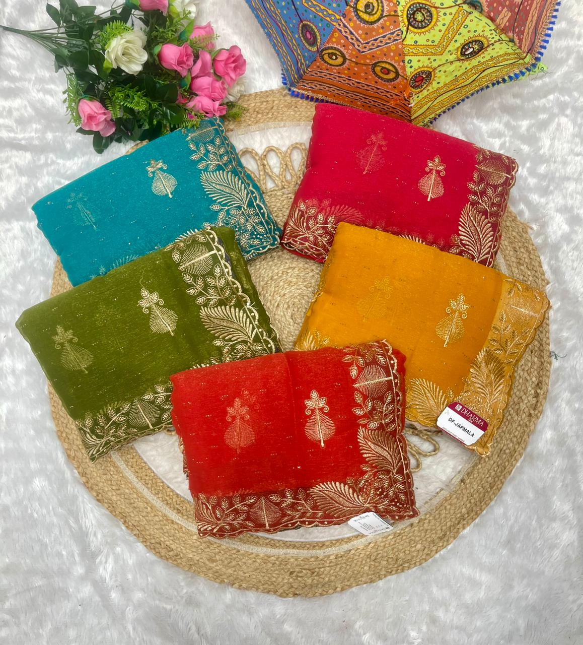 DF-JAPMALA SIMMER SAREE WITH BEAUTIFUL HEAVY EMBORIDERY WORK WITH SIROSKI WORK