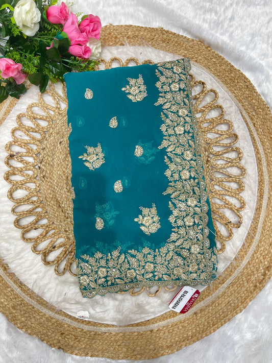 BS-RAJGHARANA Fendi satin saree with super heavy border embroidery work with jarkan work butti design on body with heavy firma blouse