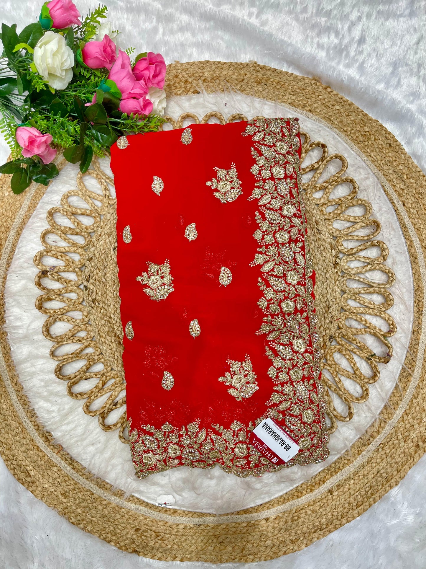 BS-RAJGHARANA Fendi satin saree with super heavy border embroidery work with jarkan work butti design on body with heavy firma blouse