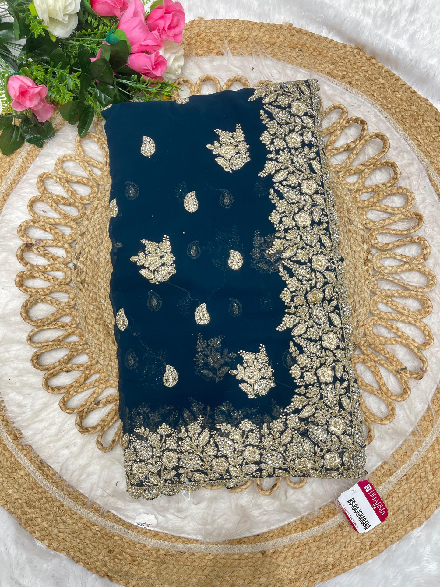 BS-RAJGHARANA Fendi satin saree with super heavy border embroidery work with jarkan work butti design on body with heavy firma blouse