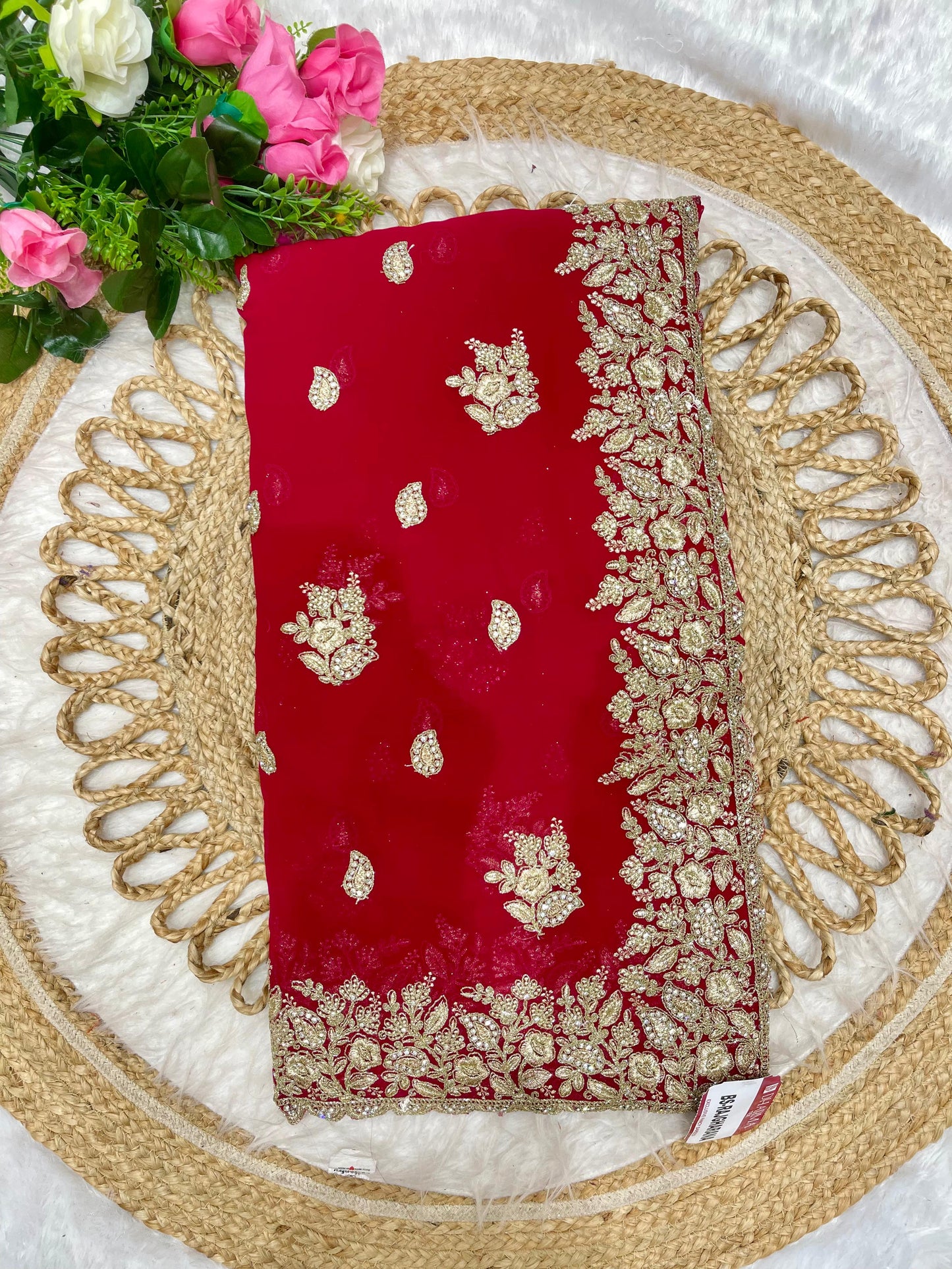 BS-RAJGHARANA Fendi satin saree with super heavy border embroidery work with jarkan work butti design on body with heavy firma blouse