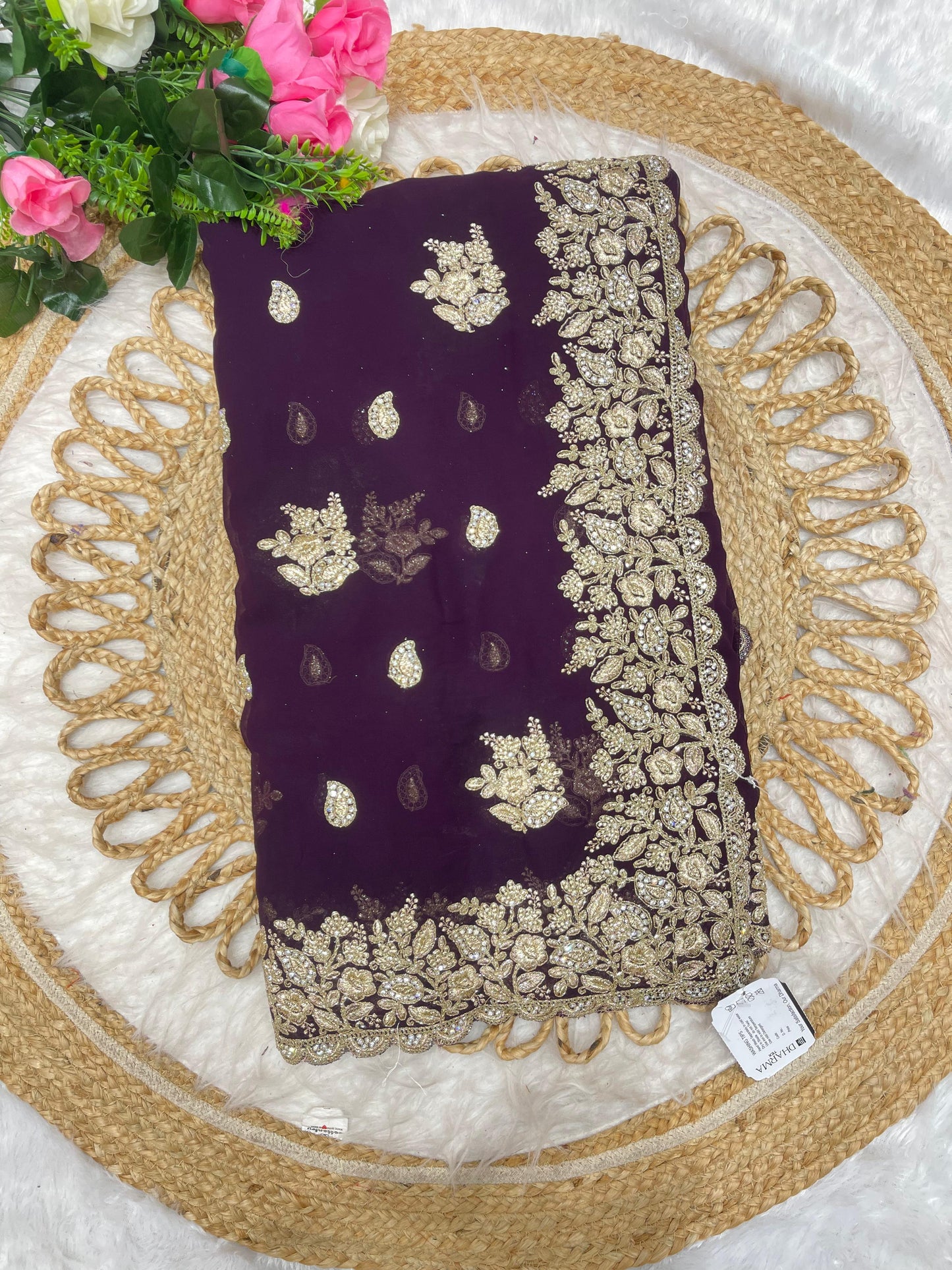 BS-RAJGHARANA Fendi satin saree with super heavy border embroidery work with jarkan work butti design on body with heavy firma blouse