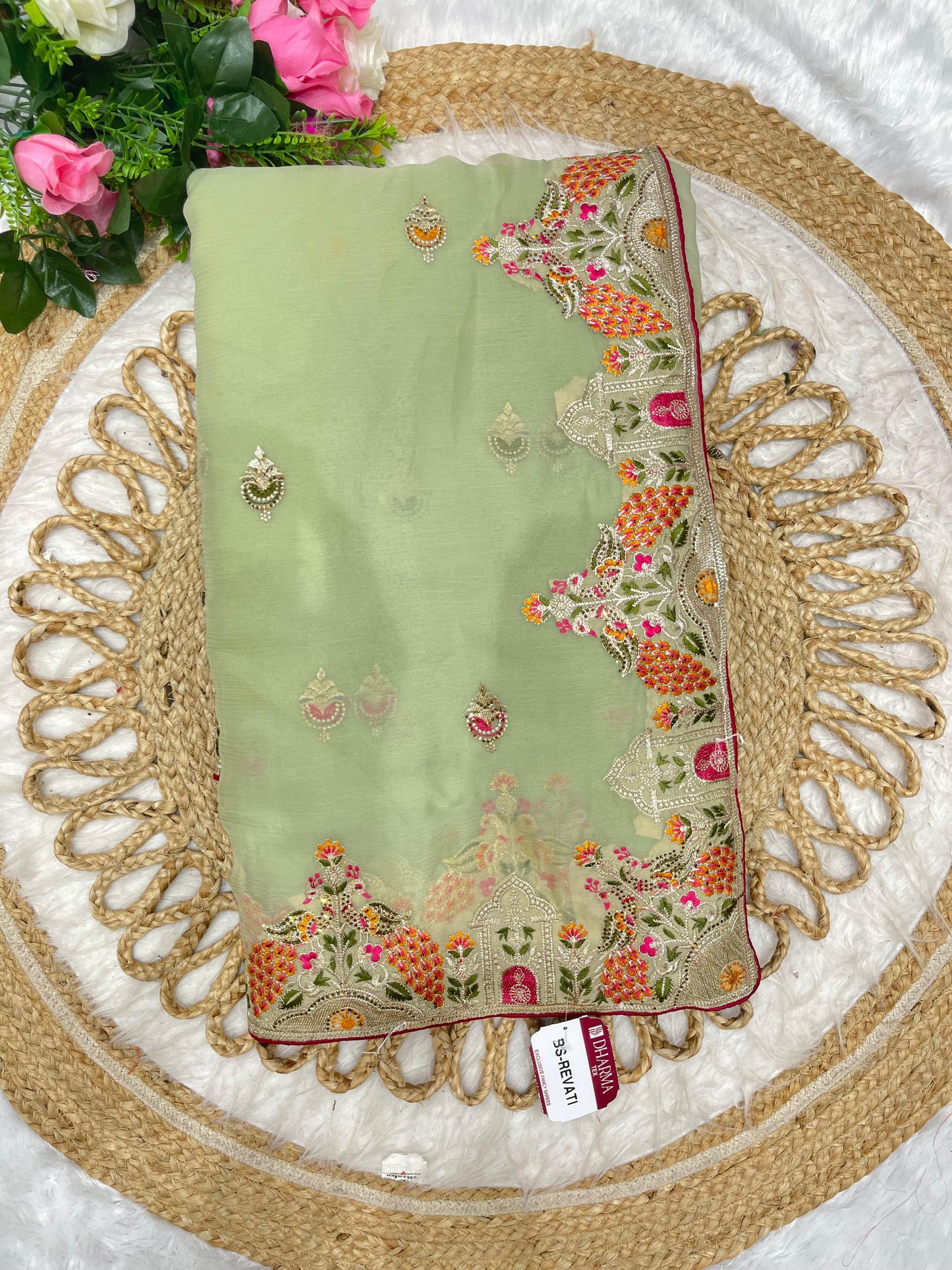 BS-REVATI Vari Chiffon saree with heavy multi thread work with peacock deisgn with diamond work all pestal matching