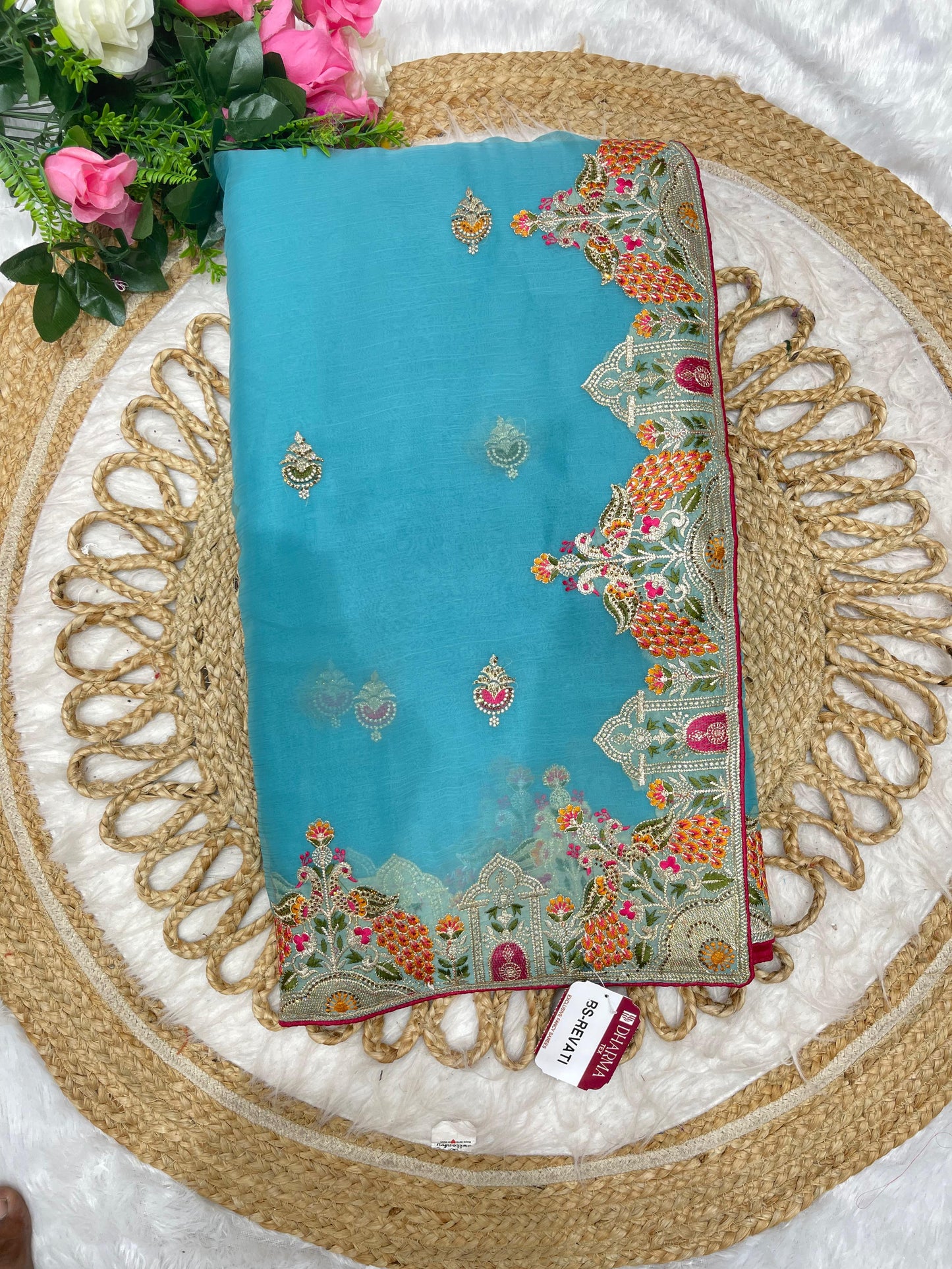 BS-REVATI Vari Chiffon saree with heavy multi thread work with peacock deisgn with diamond work all pestal matching