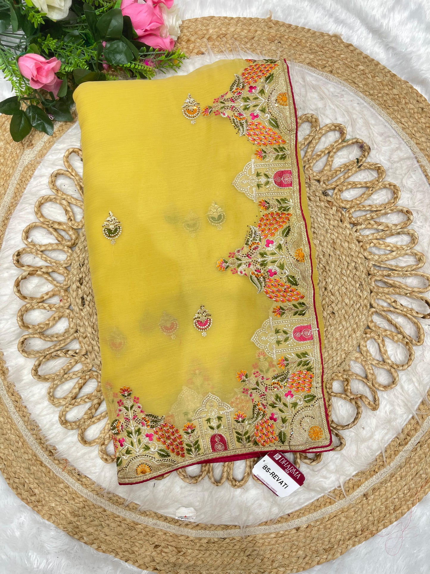 BS-REVATI Vari Chiffon saree with heavy multi thread work with peacock deisgn with diamond work all pestal matching