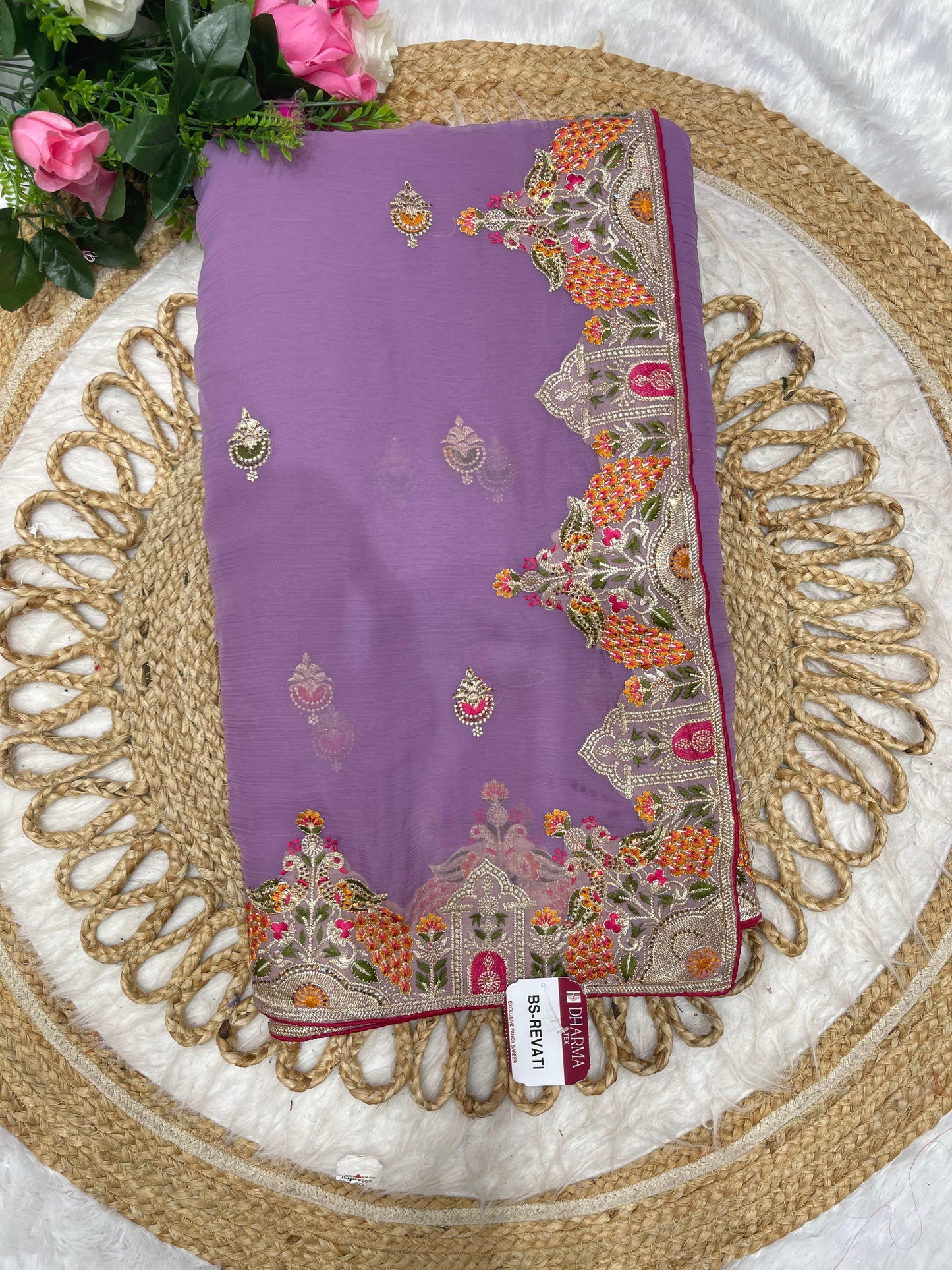 BS-REVATI Vari Chiffon saree with heavy multi thread work with peacock deisgn with diamond work all pestal matching